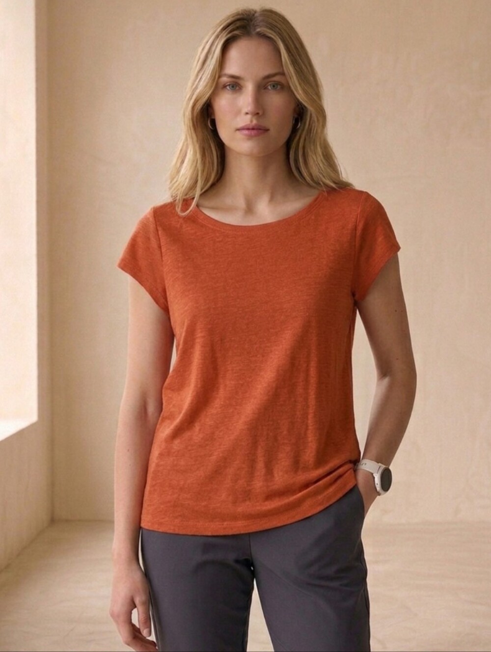 Eileen Fisher orange linen round neck t-shirt small